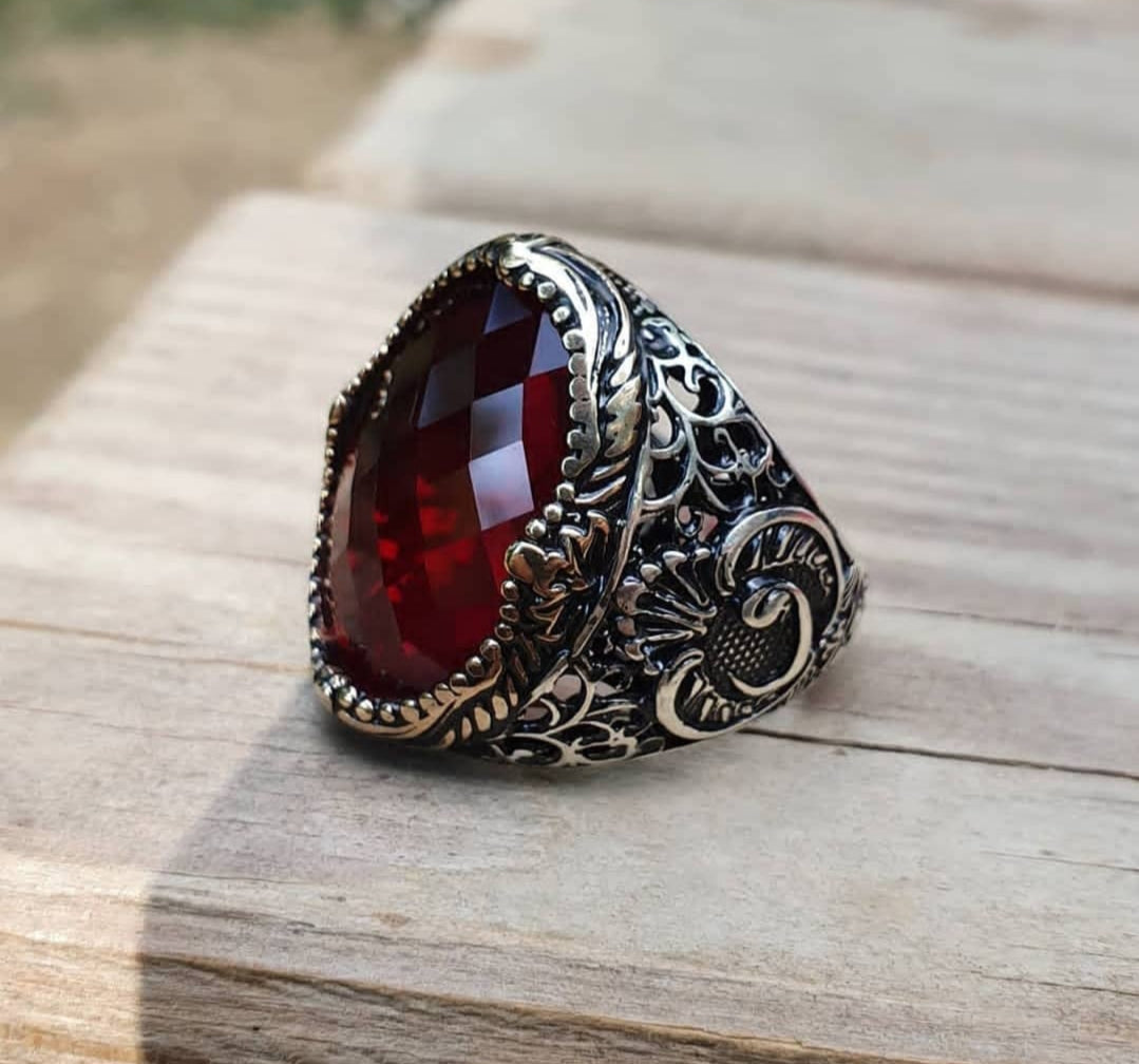 RARE PRINCE by CARAT SUTRA | Unique Turkish Style Ring with Faceted S Ruby | 925 Sterling Silver Oxidized Ring | Men's Jewelry | With Certificate of Authenticity and 925 Hallmark - caratsutra