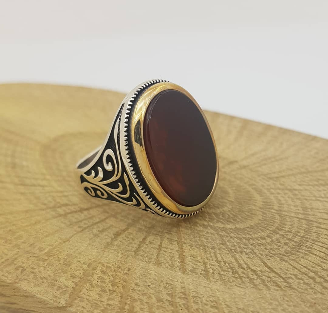 RARE PRINCE by CARAT SUTRA | Unique Turkish Style Ring with Natural Red Agate  | 925 Sterling Silver Oxidized Ring | Men's Jewelry | With Certificate of Authenticity and 925 Hallmark - caratsutra