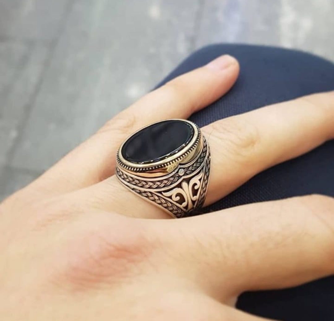 RARE PRINCE by CARAT SUTRA | Unique Turkish Style Ring with Natural Black Onyx | 925 Sterling Silver Oxidized Ring | Men's Jewelry | With Certificate of Authenticity and 925 Hallmark - caratsutra