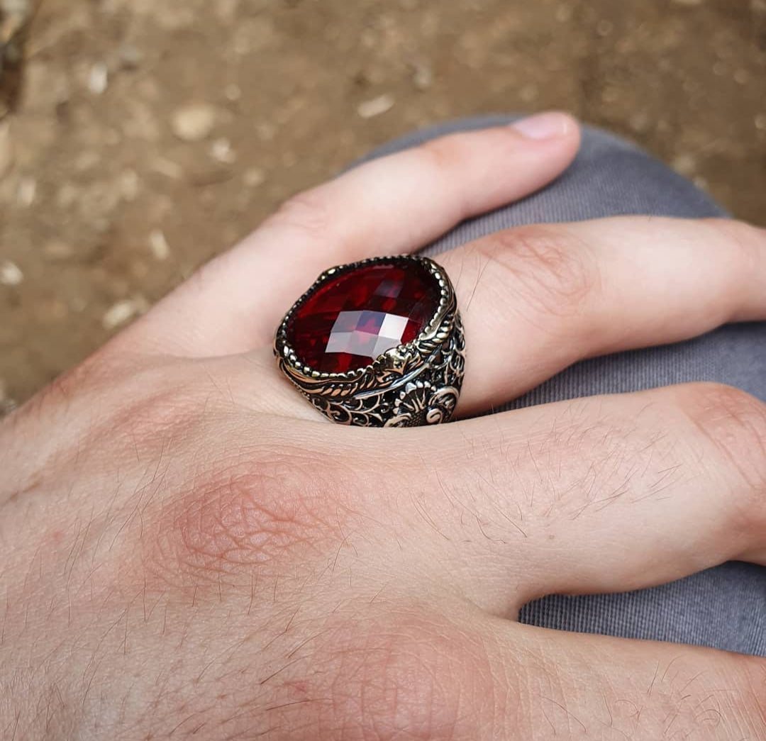 RARE PRINCE by CARAT SUTRA | Unique Turkish Style Ring with Faceted S Ruby | 925 Sterling Silver Oxidized Ring | Men's Jewelry | With Certificate of Authenticity and 925 Hallmark - caratsutra