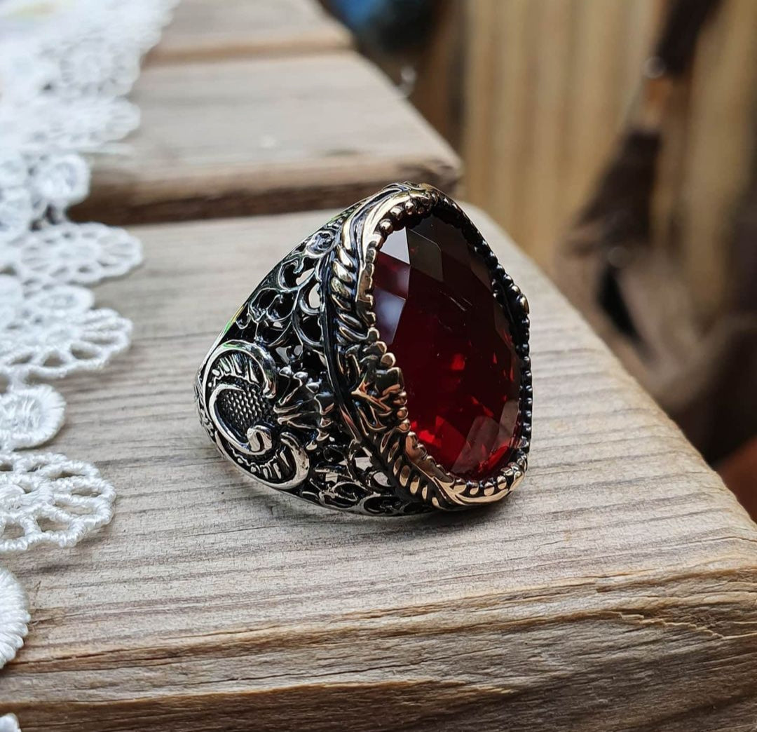 RARE PRINCE by CARAT SUTRA | Unique Turkish Style Ring with Faceted S Ruby | 925 Sterling Silver Oxidized Ring | Men's Jewelry | With Certificate of Authenticity and 925 Hallmark - caratsutra