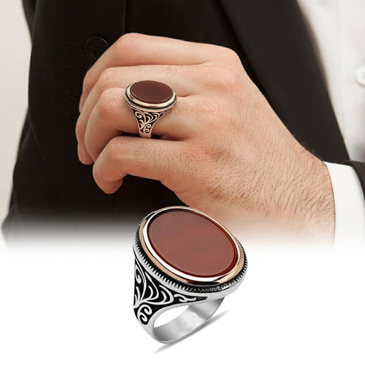 RARE PRINCE by CARAT SUTRA | Unique Turkish Style Ring with Natural Red Agate  | 925 Sterling Silver Oxidized Ring | Men's Jewelry | With Certificate of Authenticity and 925 Hallmark - caratsutra
