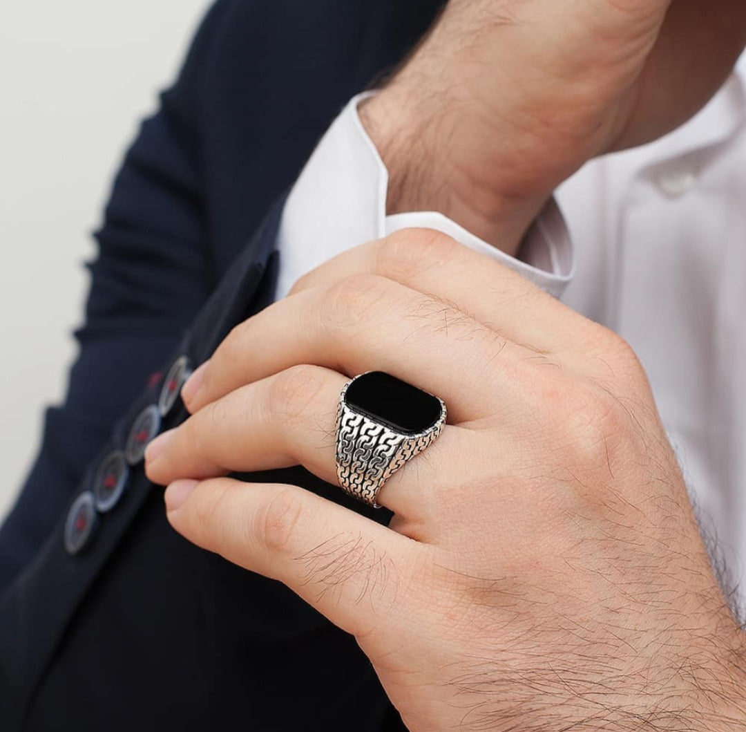 RARE PRINCE by CARAT SUTRA | Unique Turkish Gucci Style Ring with Natural Black Onyx | 925 Sterling Silver Oxidized Ring | Men's Jewelry | With Certificate of Authenticity and 925 Hallmark - caratsutra