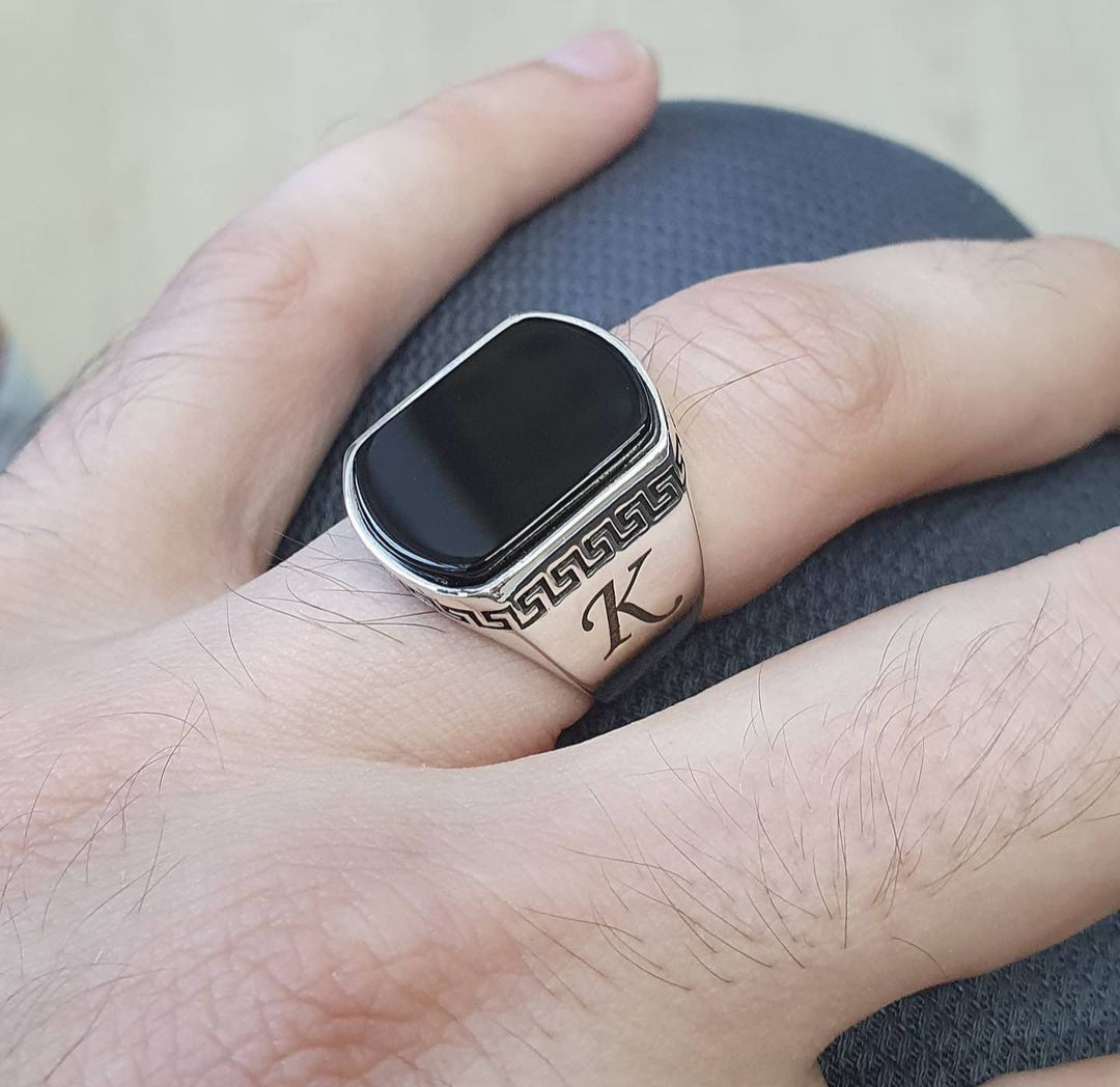 RARE PRINCE by CARAT SUTRA | Unique Turkish Style Personalized Name Initial Ring with Natural Black Onyx | 925 Sterling Silver Oxidized Ring | Men's Jewelry | With Certificate of Authenticity and 925 Hallmark - caratsutra