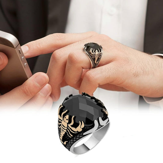 RARE PRINCE by CARAT SUTRA | Unique Turkish Style Scorpion Ring with Faceted Black Zircon | 925 Sterling Silver Oxidized Zodiac Ring | Men's Jewelry | With Certificate of Authenticity and 925 Hallmark - caratsutra