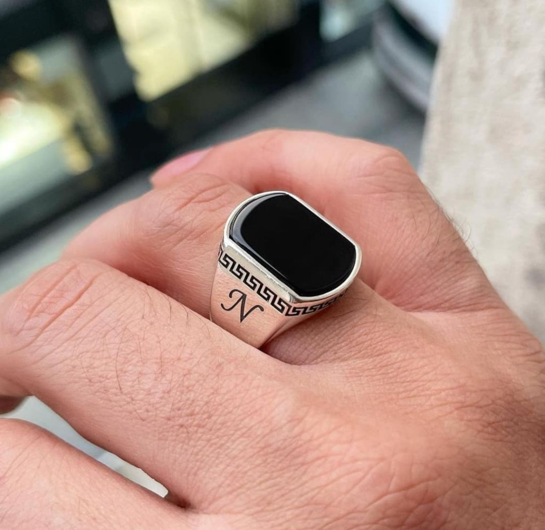 RARE PRINCE by CARAT SUTRA | Unique Turkish Style Personalized Name Initial Ring with Natural Black Onyx | 925 Sterling Silver Oxidized Ring | Men's Jewelry | With Certificate of Authenticity and 925 Hallmark - caratsutra