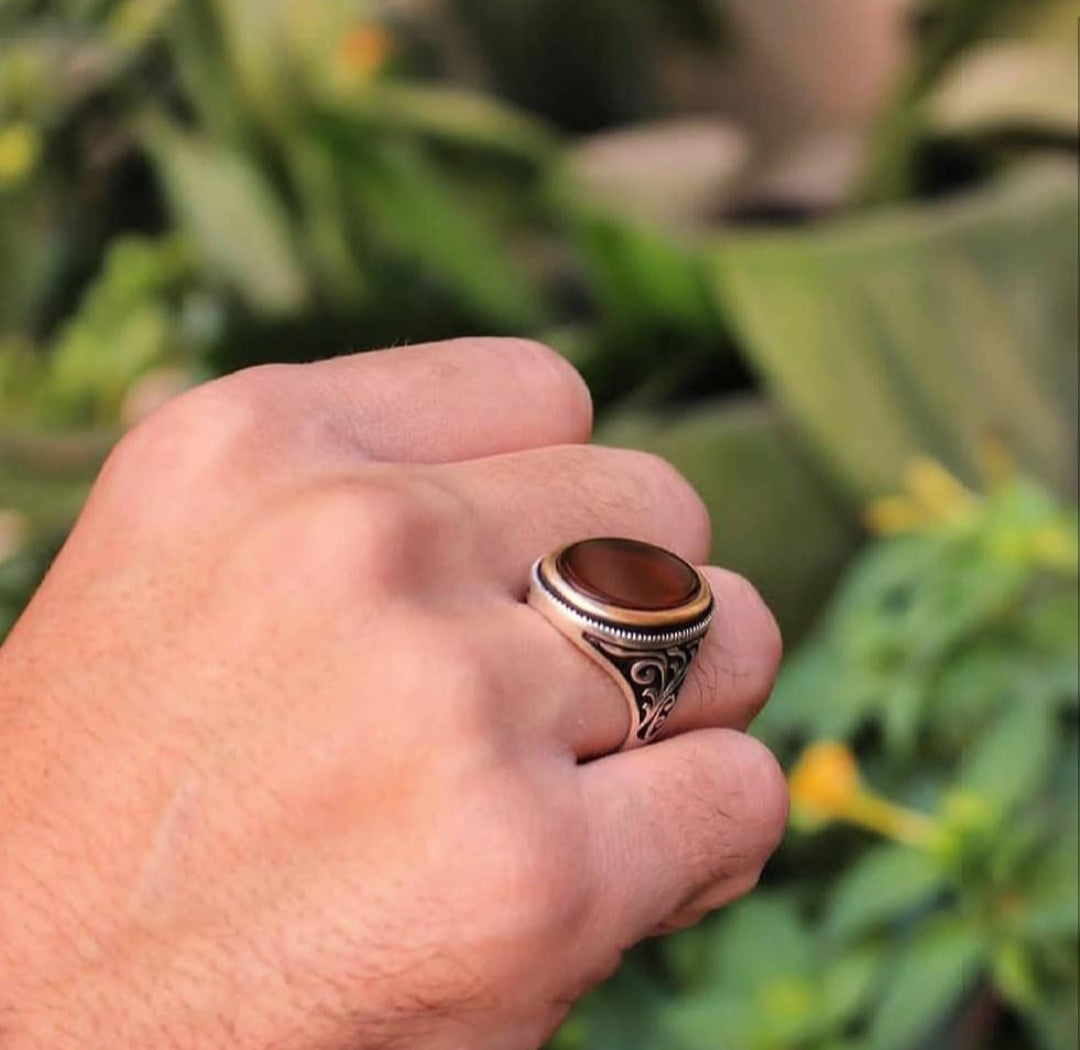 RARE PRINCE by CARAT SUTRA | Unique Turkish Style Ring with Natural Red Agate  | 925 Sterling Silver Oxidized Ring | Men's Jewelry | With Certificate of Authenticity and 925 Hallmark - caratsutra