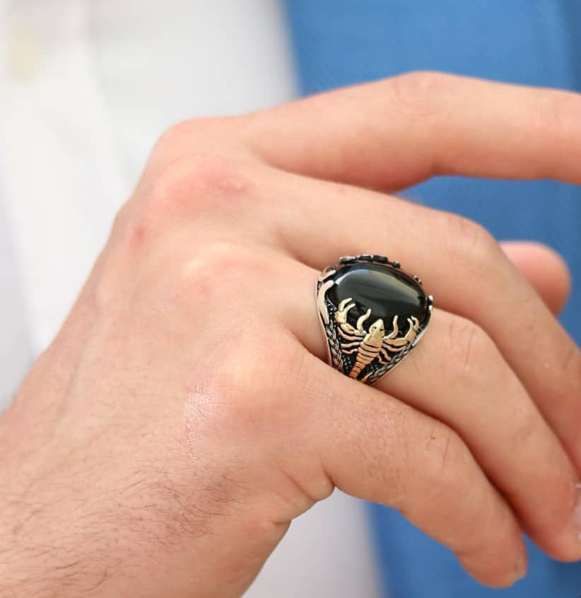 RARE PRINCE by CARAT SUTRA | Unique Turkish Style Scorpion Ring with Natural Black Onyx (Cabochon) | 925 Sterling Silver Oxidized Zodiac Ring | Men's Jewelry | With Certificate of Authenticity and 925 Hallmark - caratsutra