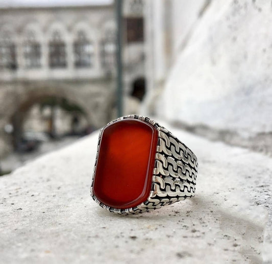 RARE PRINCE by CARAT SUTRA | Unique Turkish Gucci Style Ring with Natural Red Agate | 925 Sterling Silver Oxidized Ring | Men's Jewelry | With Certificate of Authenticity and 925 Hallmark - caratsutra