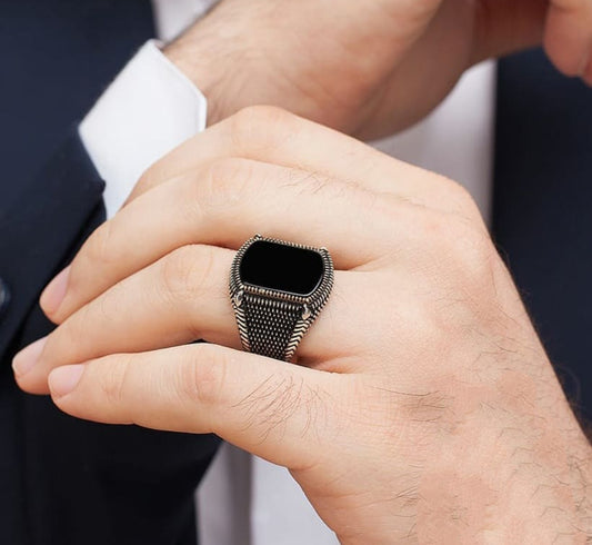 RARE PRINCE by CARAT SUTRA | Unique Turkish Style Ring with Natural Black Onyx | 925 Sterling Silver Oxidized Ring | Men's Jewelry | With Certificate of Authenticity and 925 Hallmark - caratsutra