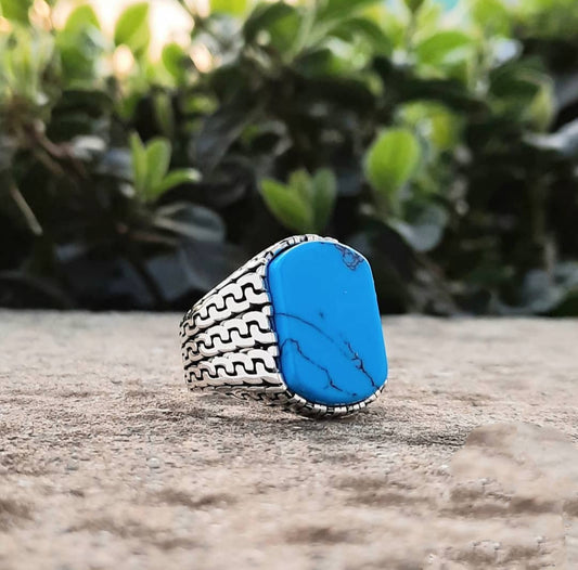 RARE PRINCE by CARAT SUTRA | Unique Turkish Gucci Style Ring with Natural Blue Turquoise | 925 Sterling Silver Oxidized Ring | Men's Jewelry | With Certificate of Authenticity and 925 Hallmark - caratsutra