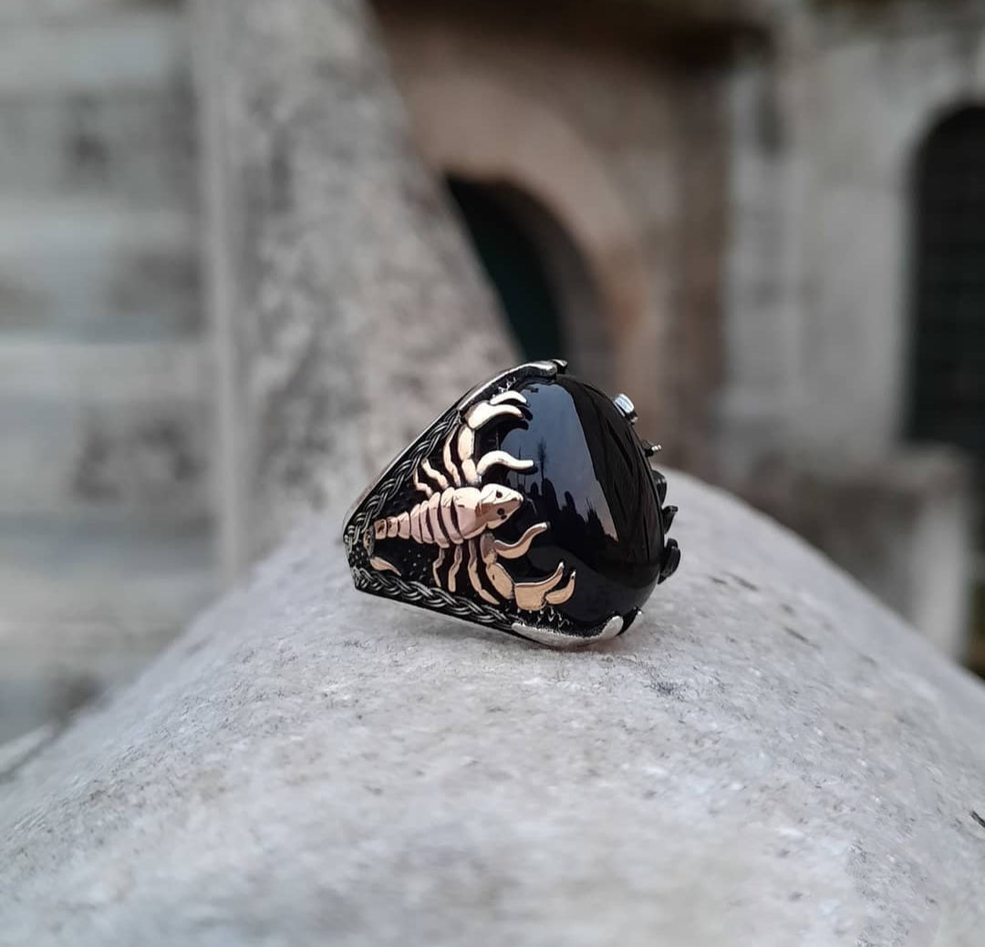 RARE PRINCE by CARAT SUTRA | Unique Turkish Style Scorpion Ring with Natural Black Onyx (Cabochon) | 925 Sterling Silver Oxidized Zodiac Ring | Men's Jewelry | With Certificate of Authenticity and 925 Hallmark - caratsutra