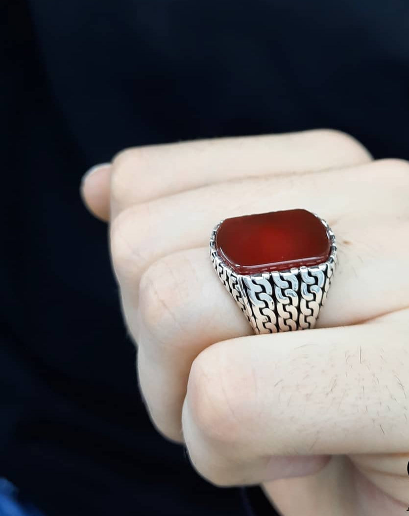 RARE PRINCE by CARAT SUTRA | Unique Turkish Gucci Style Ring with Natural Red Agate | 925 Sterling Silver Oxidized Ring | Men's Jewelry | With Certificate of Authenticity and 925 Hallmark - caratsutra