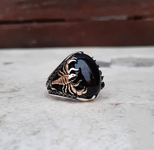 RARE PRINCE by CARAT SUTRA | Unique Turkish Style Scorpion Ring with Natural Black Onyx (Cabochon) | 925 Sterling Silver Oxidized Zodiac Ring | Men's Jewelry | With Certificate of Authenticity and 925 Hallmark - caratsutra