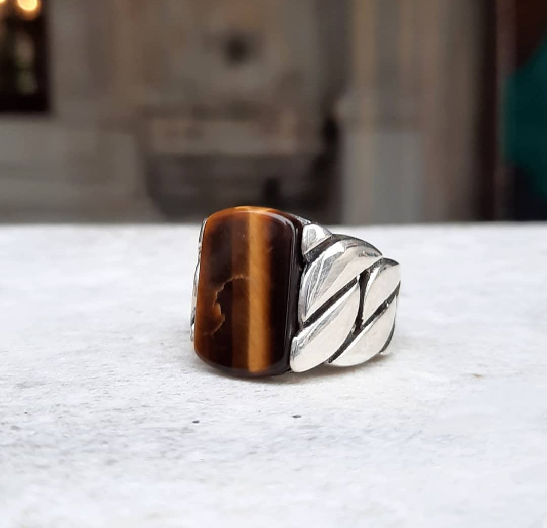 RARE PRINCE by CARAT SUTRA | Unique Turkish Braided Style Ring with Natural Tiger Eye | 925 Sterling Silver Oxidized Ring | Men's Jewelry | With Certificate of Authenticity and 925 Hallmark - caratsutra