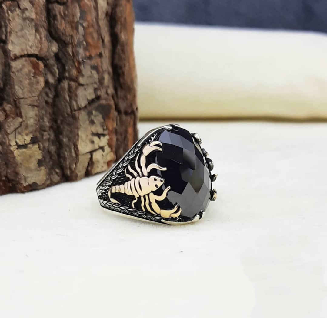 RARE PRINCE by CARAT SUTRA | Unique Turkish Style Scorpion Ring with Faceted Black Zircon | 925 Sterling Silver Oxidized Zodiac Ring | Men's Jewelry | With Certificate of Authenticity and 925 Hallmark - caratsutra