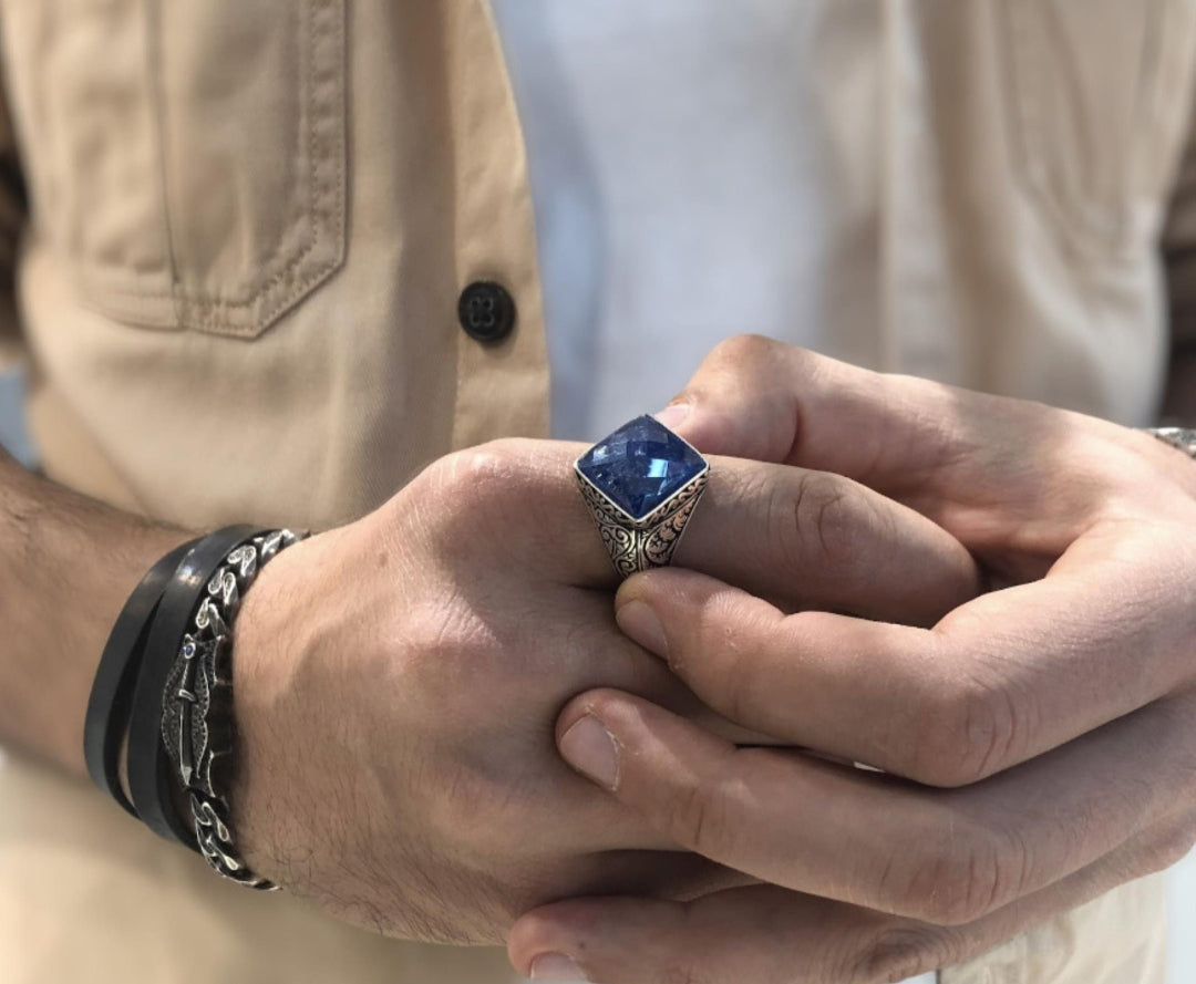 RARE PRINCE by CARAT SUTRA | Unique Turkish Style Ring with Faceted Natural Blue Lapis Lazuli | 925 Sterling Silver Oxidized Ring | Men's Jewelry | With Certificate of Authenticity and 925 Hallmark - caratsutra