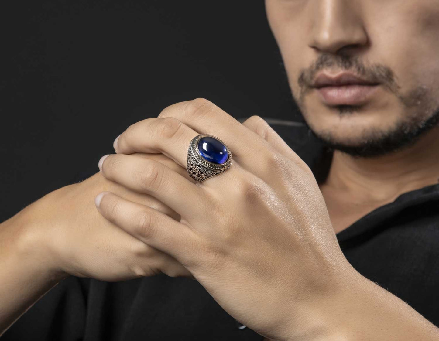 RARE PRINCE by CARAT SUTRA | Unique Turkish Style Ring with Blue S Sapphire | 925 Sterling Silver Oxidized Ring | Men's Jewelry | With Certificate of Authenticity and 925 Hallmark - caratsutra