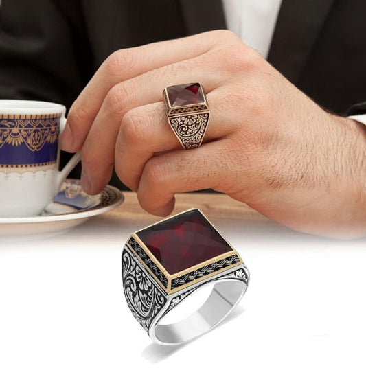 RARE PRINCE by CARAT SUTRA | Unique Turkish Style Ring with Faceted S Ruby | 925 Sterling Silver Oxidized Ring | Men's Jewelry | With Certificate of Authenticity and 925 Hallmark - caratsutra