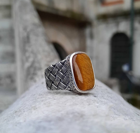 RARE PRINCE by CARAT SUTRA | Unique Turkish Style Ring with Natural Tiger Eye | 925 Sterling Silver Oxidized Ring | Men's Jewelry | With Certificate of Authenticity and 925 Hallmark - caratsutra