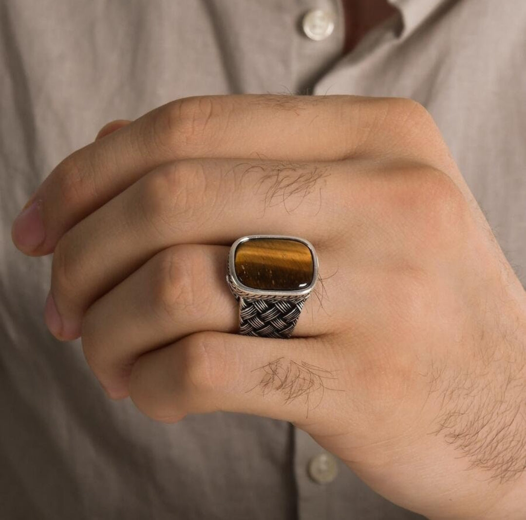 RARE PRINCE by CARAT SUTRA | Unique Turkish Style Ring with Natural Tiger Eye | 925 Sterling Silver Oxidized Ring | Men's Jewelry | With Certificate of Authenticity and 925 Hallmark - caratsutra