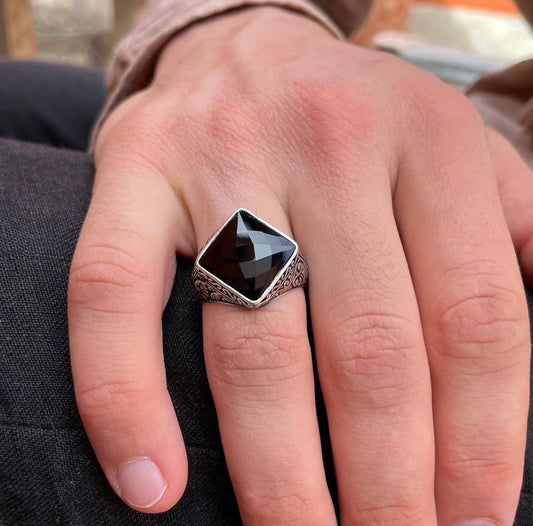 RARE PRINCE by CARAT SUTRA | Unique Turkish Style Ring with Faceted Natural Black Onyx | 925 Sterling Silver Oxidized Ring | Men's Jewelry | With Certificate of Authenticity and 925 Hallmark - caratsutra