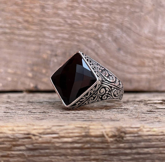 RARE PRINCE by CARAT SUTRA | Unique Turkish Style Ring with Faceted Natural Black Onyx | 925 Sterling Silver Oxidized Ring | Men's Jewelry | With Certificate of Authenticity and 925 Hallmark - caratsutra