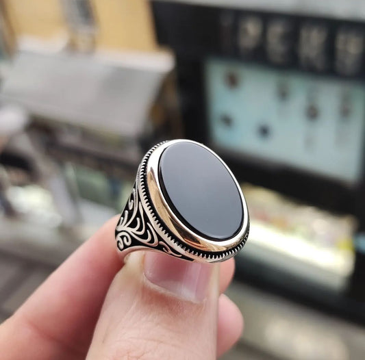 RARE PRINCE by CARAT SUTRA | Unique Turkish Style Ring with Natural Black Onyx  | 925 Sterling Silver Oxidized Ring | Men's Jewelry | With Certificate of Authenticity and 925 Hallmark - caratsutra