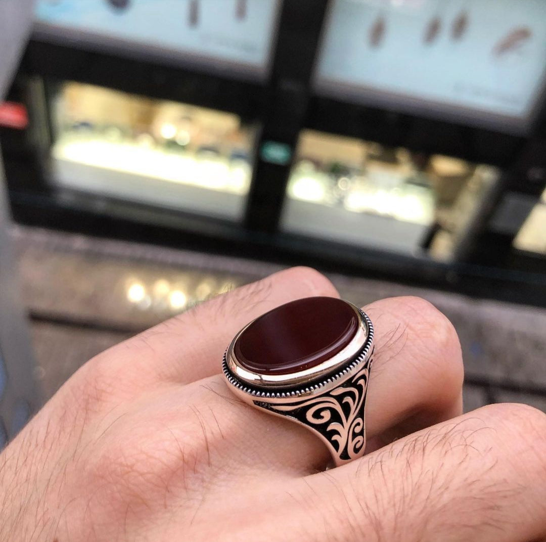 RARE PRINCE by CARAT SUTRA | Unique Turkish Style Ring with Natural Red Agate  | 925 Sterling Silver Oxidized Ring | Men's Jewelry | With Certificate of Authenticity and 925 Hallmark - caratsutra