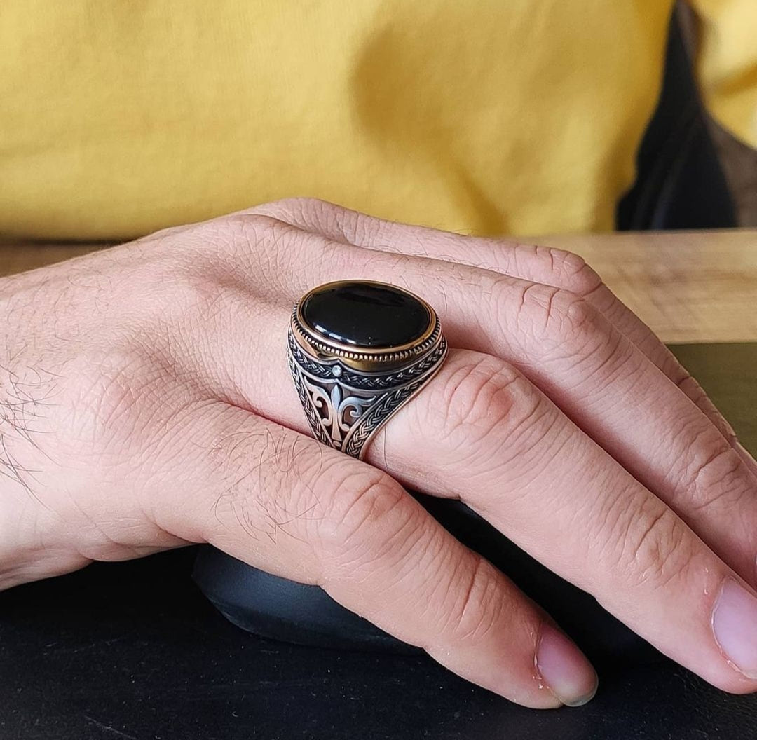 RARE PRINCE by CARAT SUTRA | Unique Turkish Style Ring with Natural Black Onyx | 925 Sterling Silver Oxidized Ring | Men's Jewelry | With Certificate of Authenticity and 925 Hallmark - caratsutra