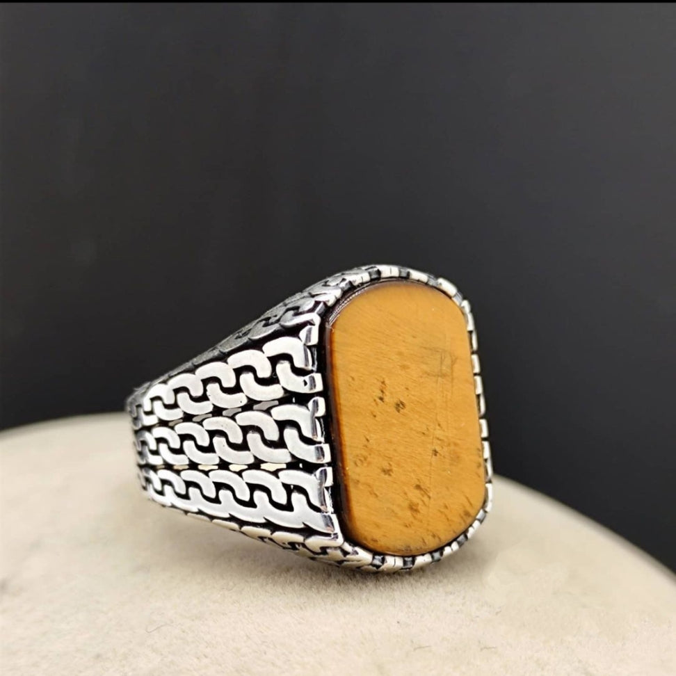 RARE PRINCE by CARAT SUTRA | Unique Turkish Gucci Style Ring with Natural Tiger Eye | 925 Sterling Silver Oxidized Ring | Men's Jewelry | With Certificate of Authenticity and 925 Hallmark - caratsutra