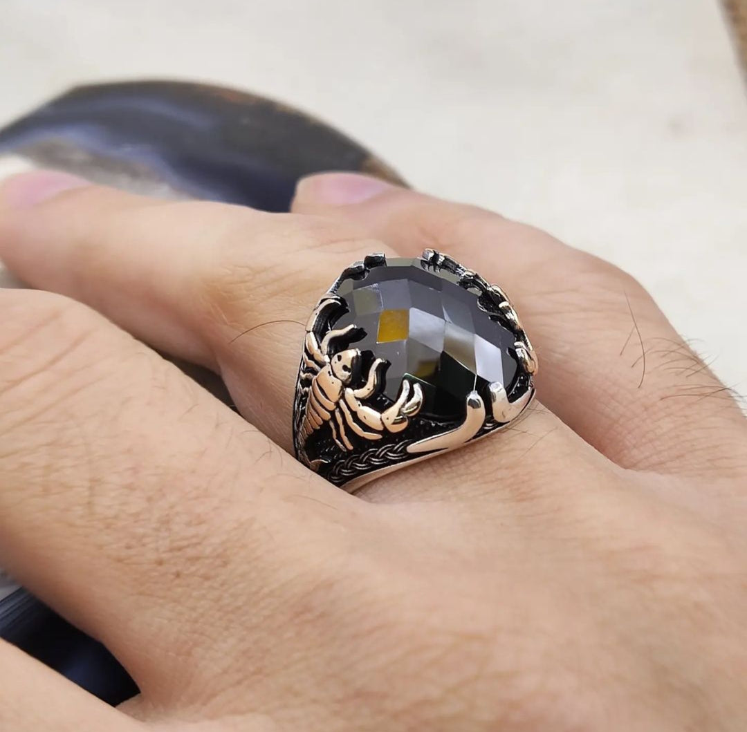 RARE PRINCE by CARAT SUTRA | Unique Turkish Style Scorpion Ring with Faceted Black Zircon | 925 Sterling Silver Oxidized Zodiac Ring | Men's Jewelry | With Certificate of Authenticity and 925 Hallmark - caratsutra