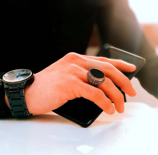 RARE PRINCE by CARAT SUTRA | Unique Turkish Style Ring with Natural Black Onyx | 925 Sterling Silver Oxidized Ring | Men's Jewelry | With Certificate of Authenticity and 925 Hallmark - caratsutra