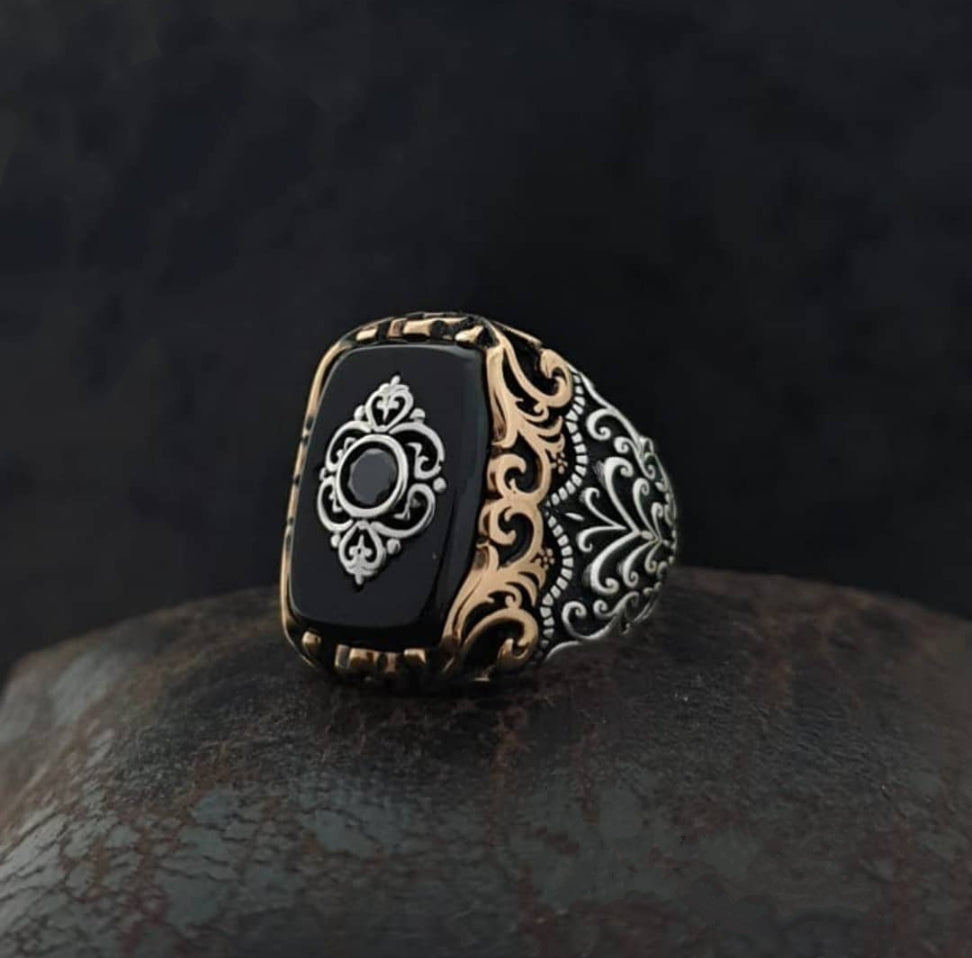 RARE PRINCE by CARAT SUTRA | Unique Turkish Style Ring with Natural Black Onyx | 925 Sterling Silver Oxidized Ring | Men's Jewelry | With Certificate of Authenticity and 925 Hallmark - caratsutra