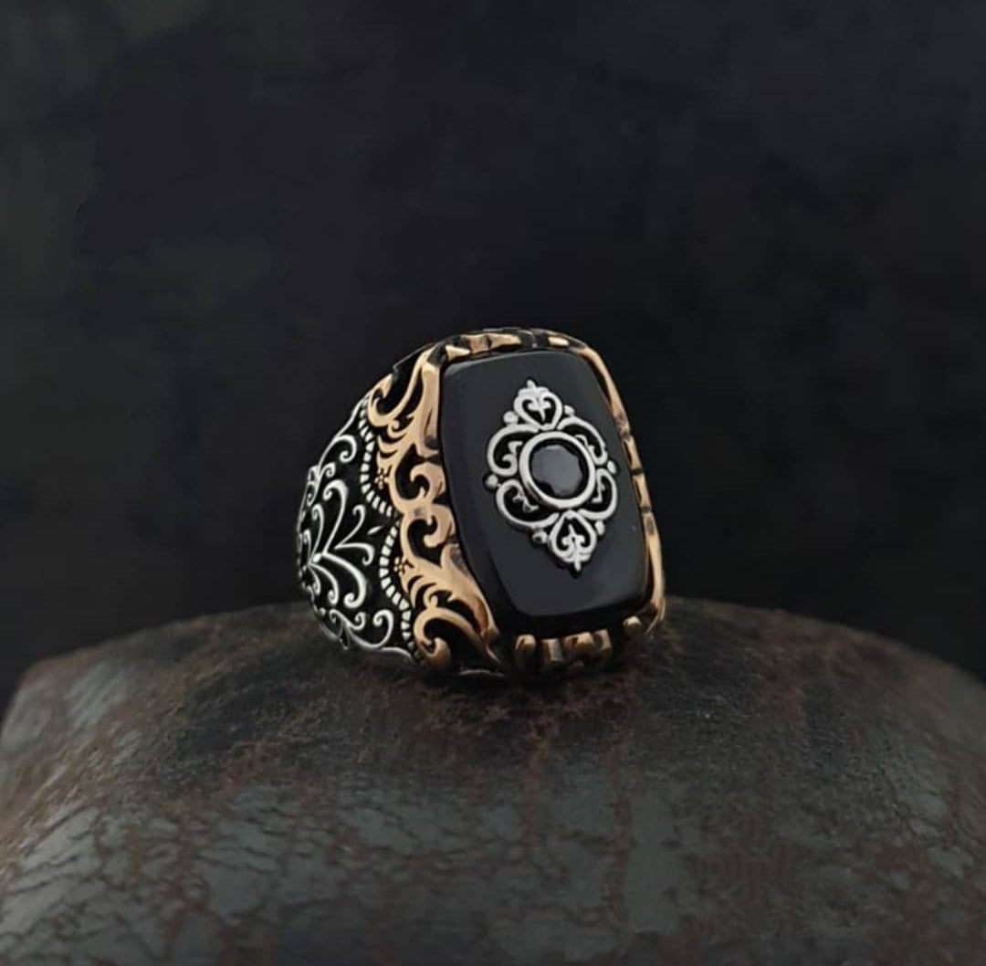 RARE PRINCE by CARAT SUTRA | Unique Turkish Style Ring with Natural Black Onyx | 925 Sterling Silver Oxidized Ring | Men's Jewelry | With Certificate of Authenticity and 925 Hallmark - caratsutra