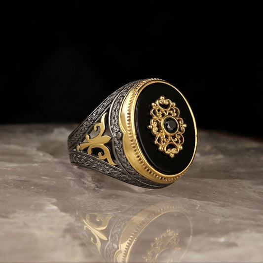 RARE PRINCE by CARAT SUTRA | Unique Turkish Style Ring with Natural Black Onyx | Black Rhodium & Gold Plated 925 Sterling Silver Ring | Men's Jewelry | With Certificate of Authenticity and 925 Hallmark - caratsutra