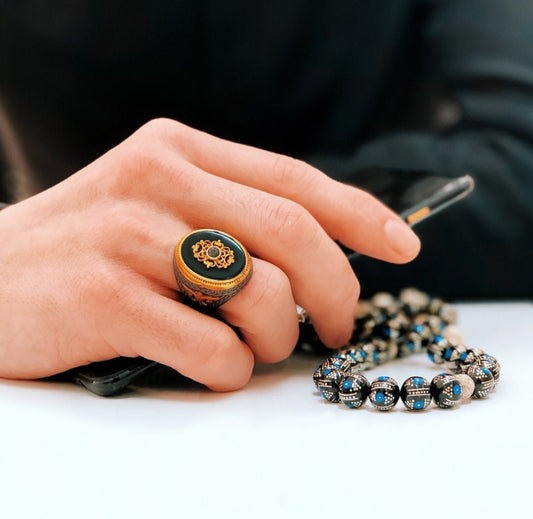RARE PRINCE by CARAT SUTRA | Unique Turkish Style Ring with Natural Black Onyx | Black Rhodium & Gold Plated 925 Sterling Silver Ring | Men's Jewelry | With Certificate of Authenticity and 925 Hallmark - caratsutra