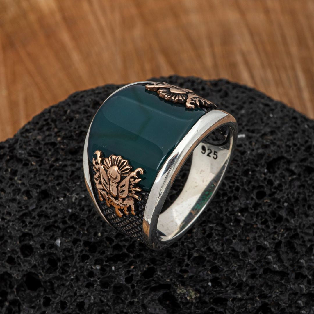 RARE PRINCE by CARAT SUTRA | Unique Turkish Style Ring with Green Zirconia | Gold Plated 925 Sterling Silver Oxidized Ring | Men's Jewelry | With Certificate of Authenticity and 925 Hallmark - caratsutra