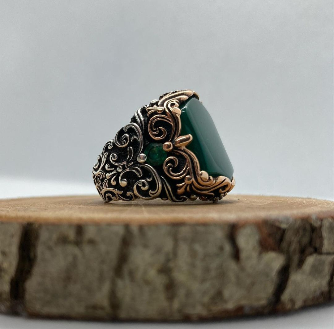 RARE PRINCE by CARAT SUTRA | Unique Turkish Style Ring with Natural Green Onyx | 925 Sterling Silver Oxidized Ring | Men's Jewelry | With Certificate of Authenticity and 925 Hallmark - caratsutra