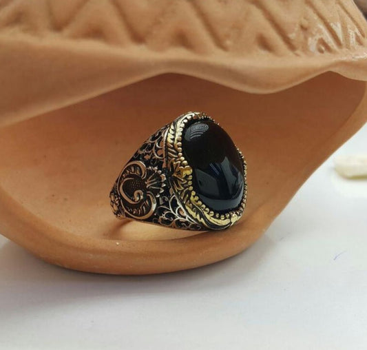 RARE PRINCE by CARAT SUTRA | Unique Turkish Style Ring with Natural Black Onyx | 925 Sterling Silver Oxidized Ring | Men's Jewelry | With Certificate of Authenticity and 925 Hallmark - caratsutra