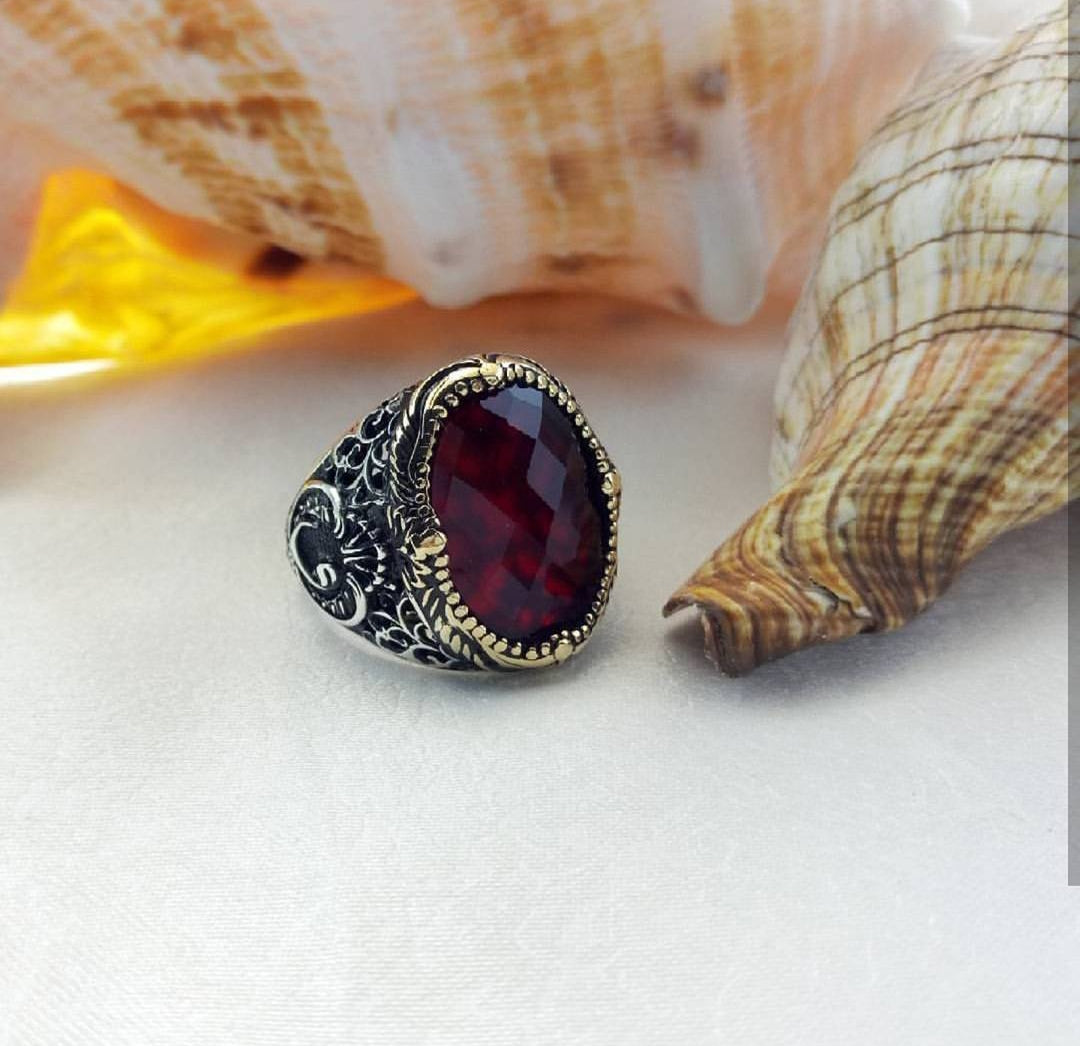 RARE PRINCE by CARAT SUTRA | Unique Turkish Style Ring with Faceted S Ruby | 925 Sterling Silver Oxidized Ring | Men's Jewelry | With Certificate of Authenticity and 925 Hallmark - caratsutra