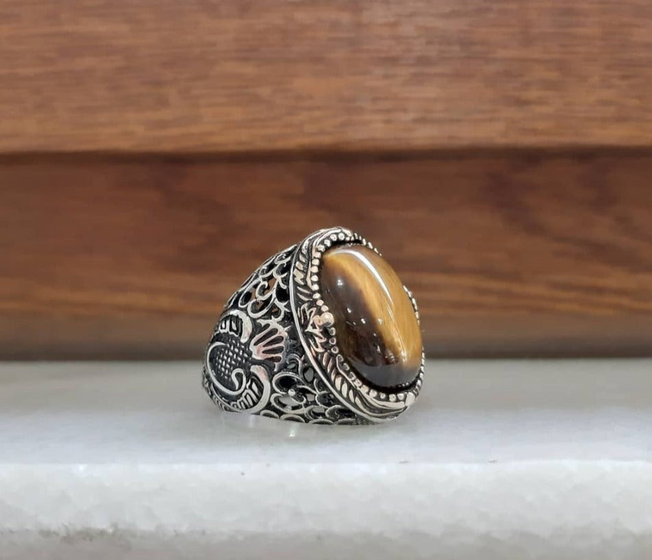 RARE PRINCE by CARAT SUTRA | Unique Turkish Style Ring with Natural Tiger Eye | 925 Sterling Silver Oxidized Ring | Men's Jewelry | With Certificate of Authenticity and 925 Hallmark - caratsutra