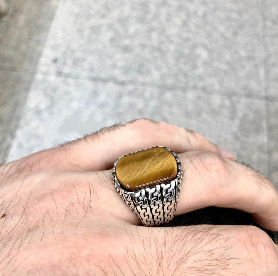 RARE PRINCE by CARAT SUTRA | Unique Turkish Gucci Style Ring with Natural Tiger Eye | 925 Sterling Silver Oxidized Ring | Men's Jewelry | With Certificate of Authenticity and 925 Hallmark - caratsutra