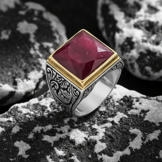 RARE PRINCE by CARAT SUTRA | Unique Turkish Style Ring with Faceted S Ruby | 925 Sterling Silver Oxidized Ring | Men's Jewelry | With Certificate of Authenticity and 925 Hallmark - caratsutra