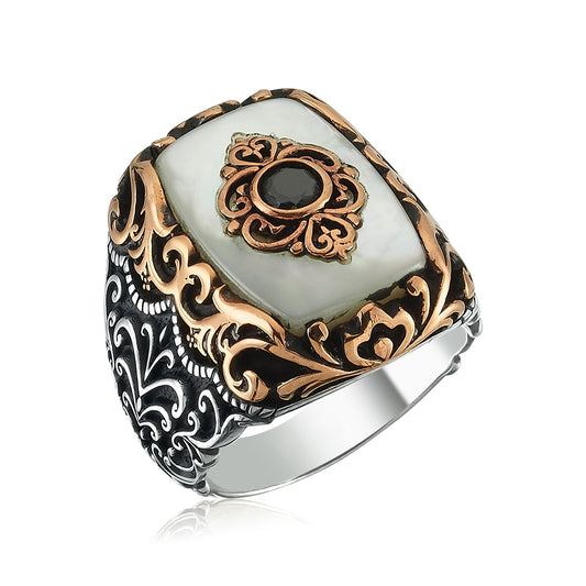 RARE PRINCE by CARAT SUTRA | Unique Turkish Style Ring with Natural Pearl | 925 Sterling Silver Oxidized Ring | Men's Jewelry | With Certificate of Authenticity and 925 Hallmark - caratsutra