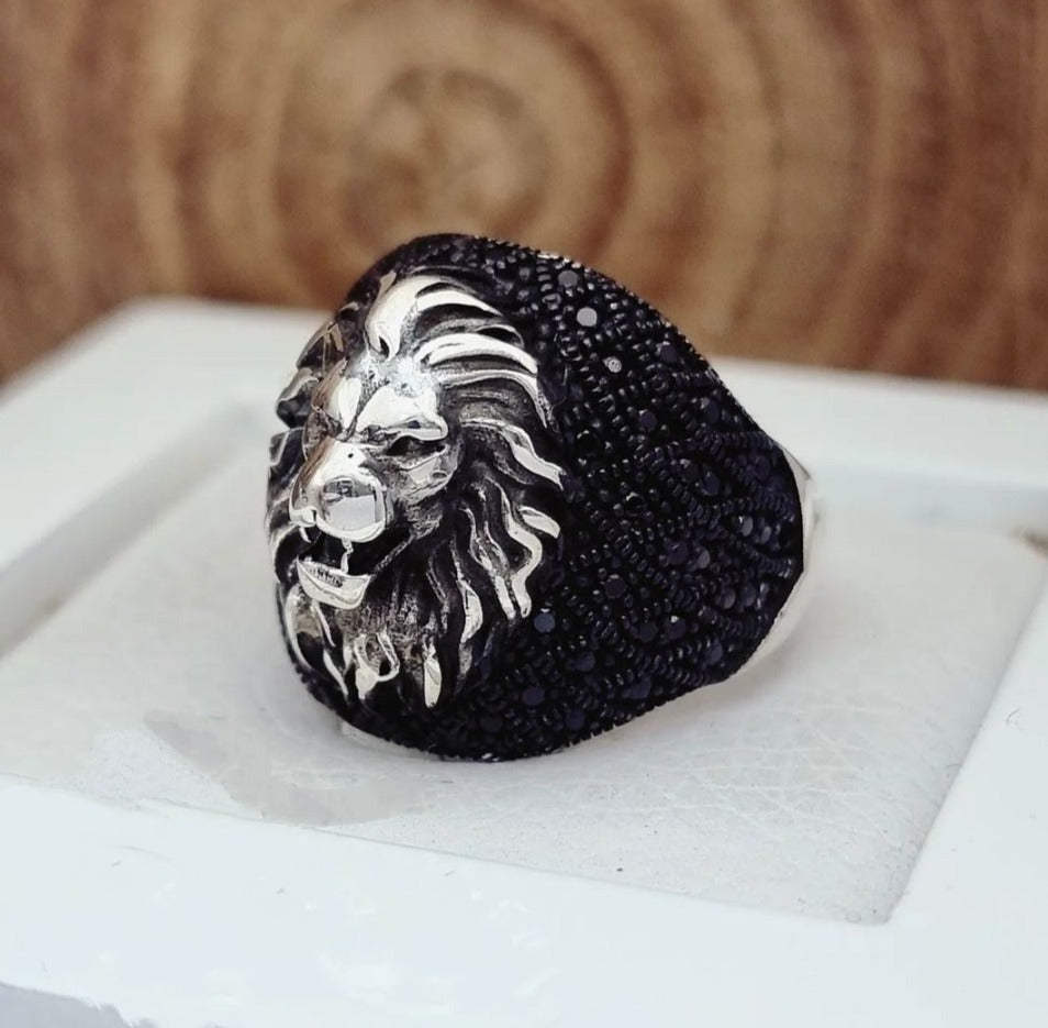 92.5 Oxidised Silver Lion Head Finger Ring For Men - Silver Palace