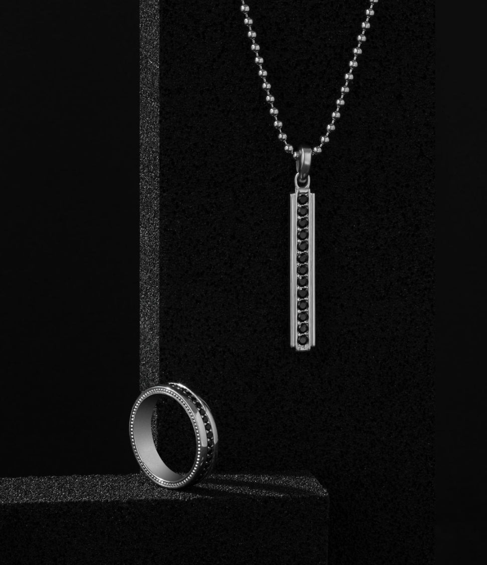 RARE PRINCE by CARAT SUTRA | Unique Designed Line Pendant Studded with Black Zircons | 925 Sterling Silver Pendant | Men's Jewelry | With Certificate of Authenticity and 925 Hallmark - caratsutra