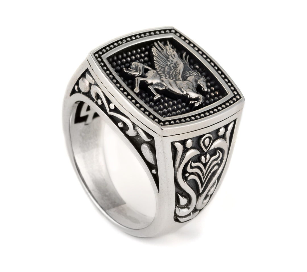 RARE PRINCE by CARAT SUTRA | Exclusive Pegasus Vintage Byzantine Style Ring for Men, Oxidized Sterling Silver 925 Ring | Jewellery for Men| With Certificate of Authenticity and 925 Hallmark - caratsutra