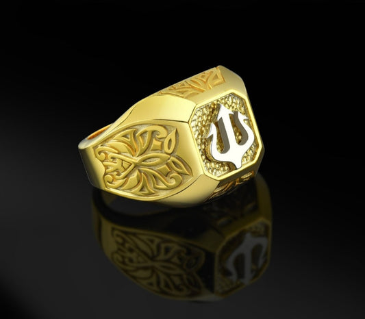 RARE PRINCE by CARAT SUTRA | Exclusive Trishul Symbol Signet Style Ring for Men, 22kt Gold Micron Plated Sterling Silver 925 Ring | Jewellery for Men| With Certificate of Authenticity and 925 Hallmark - caratsutra