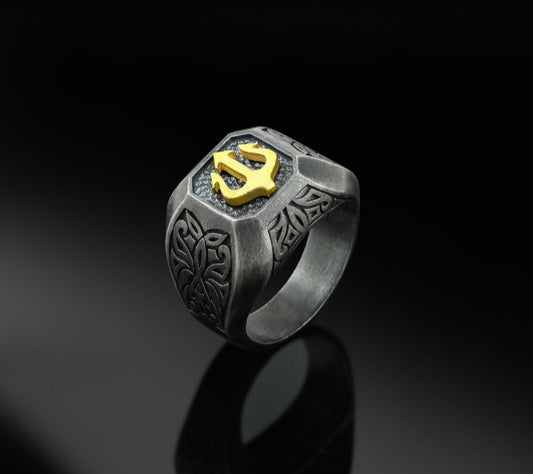 RARE PRINCE by CARAT SUTRA | Exclusive Trishul Symbol Signet Style Ring for Men, Oxidized Sterling Silver 925 Ring | Jewellery for Men| With Certificate of Authenticity and 925 Hallmark - caratsutra